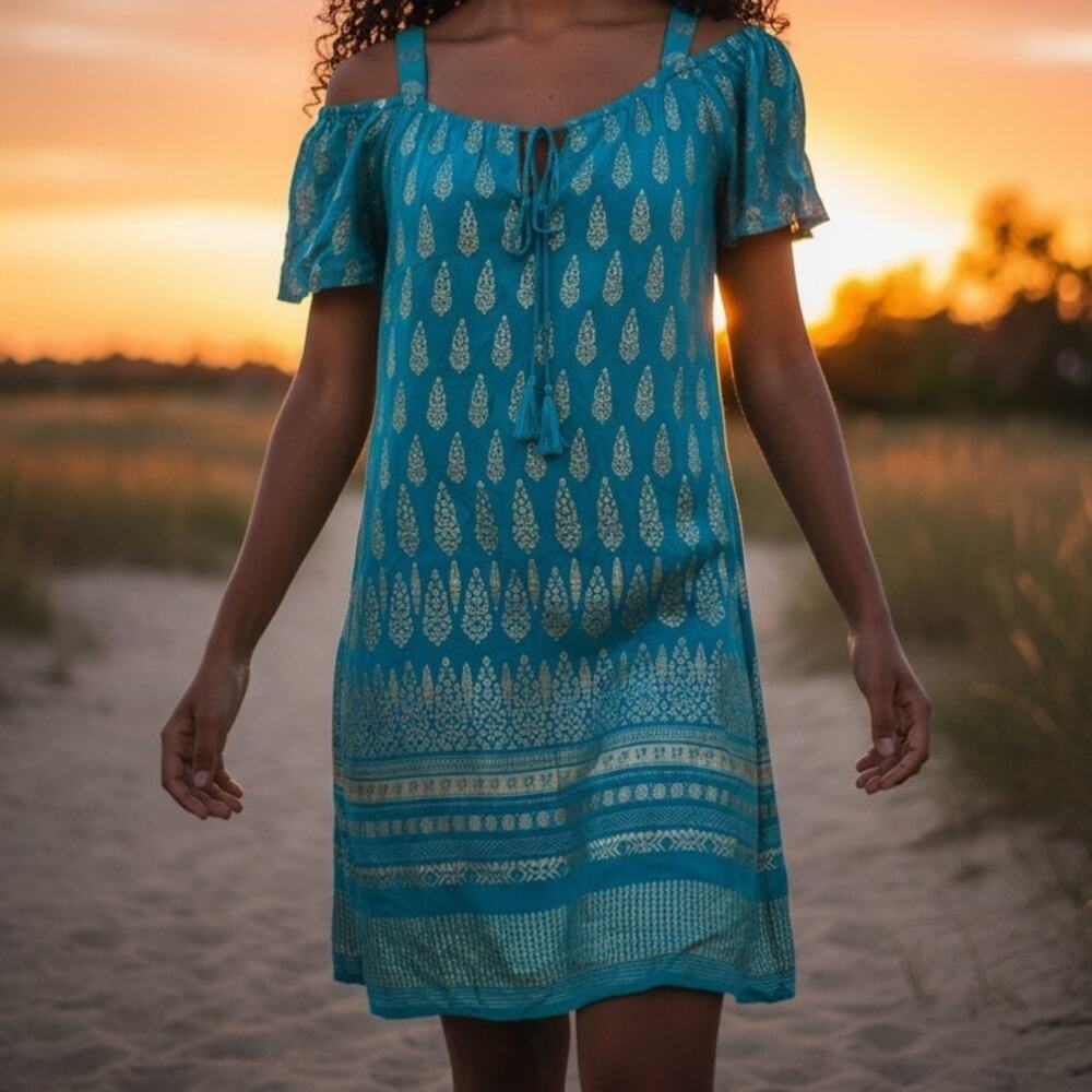 NWT Lapogee Bohemian Dress Size Large Teal Gold Indian Off Shoulder Boho Summer